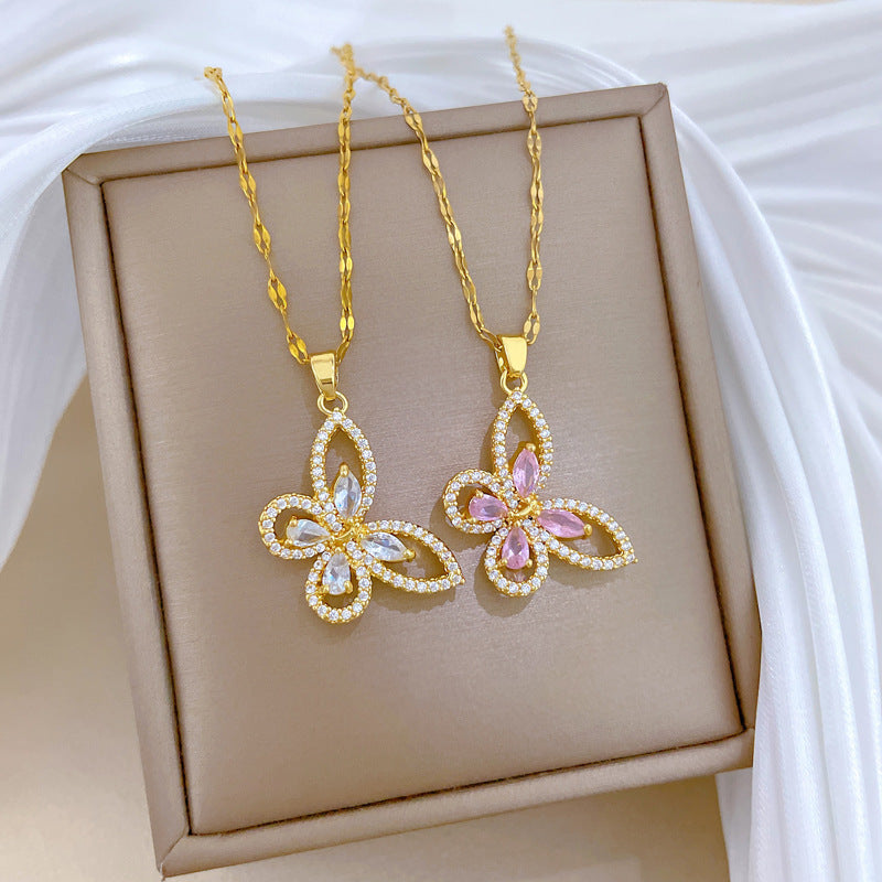 Sweet Butterfly Titanium Steel Necklace with Cubic Zirconia Inlay for Women and Men