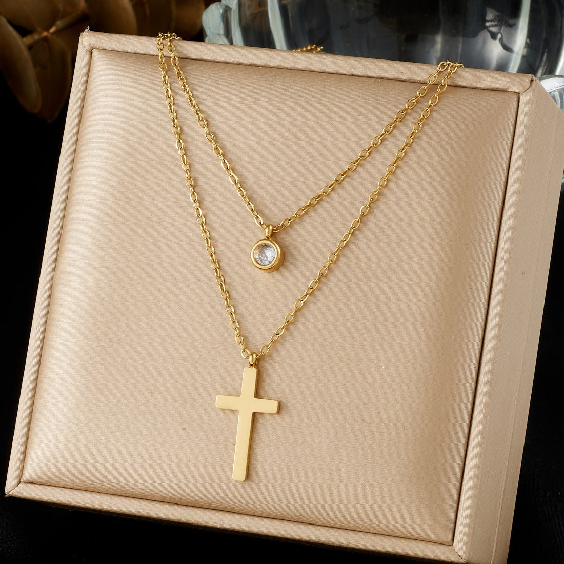 Streetwear Gold Plated Stainless Steel Round Rhinestone Cross Pendant Necklace