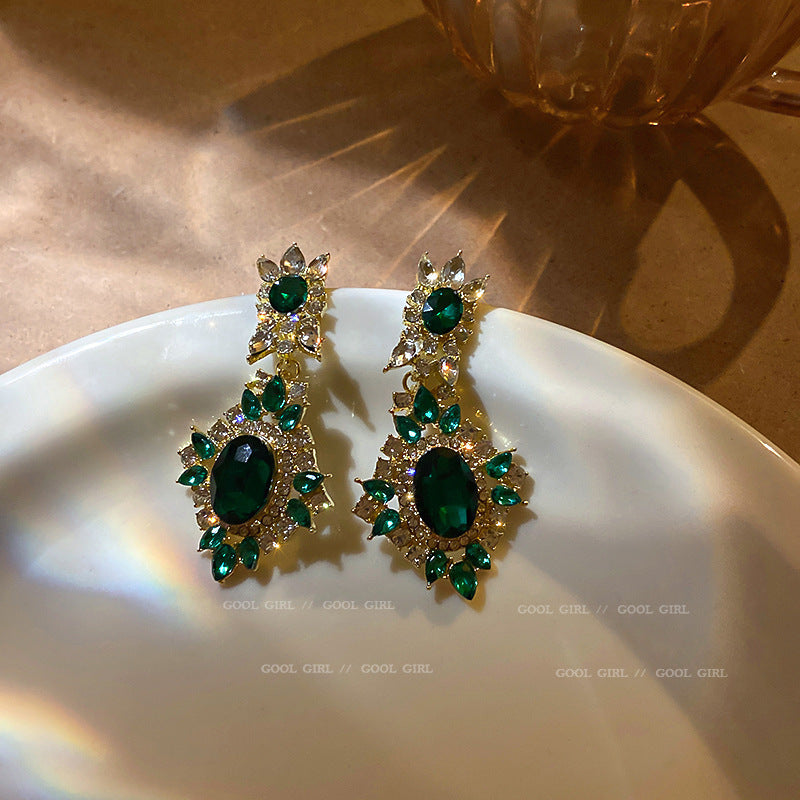 Vintage Green Rhinestone Butterfly Pearl Earrings with Stainless Steel Posts for Women