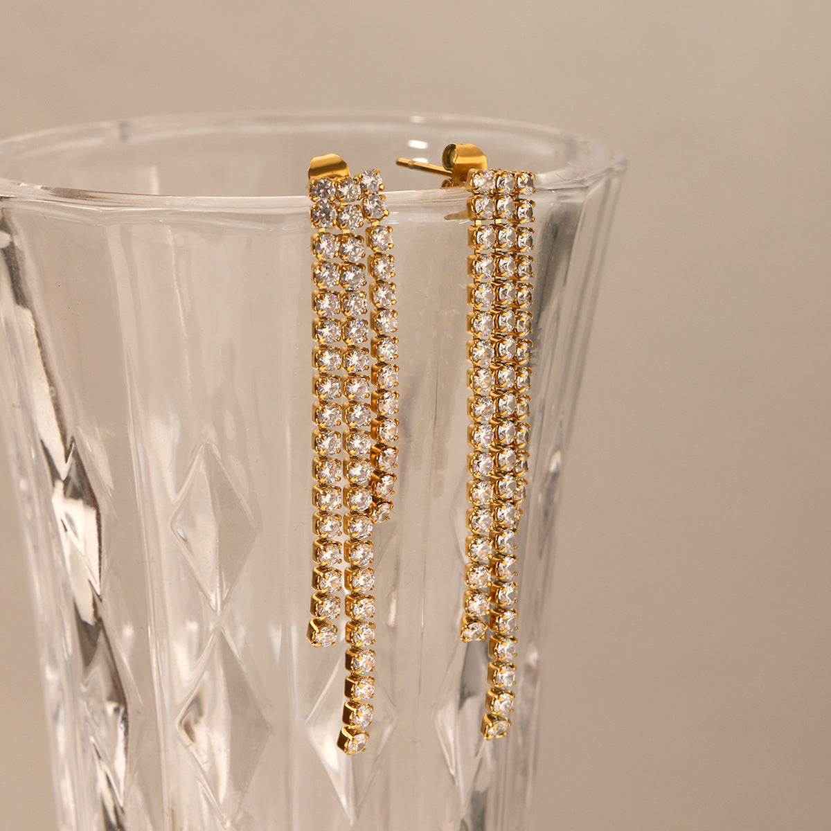 Minimalist Geometric Stainless Steel Stud Earrings with Cubic Zirconia Accents and Fringe Detail for Women
