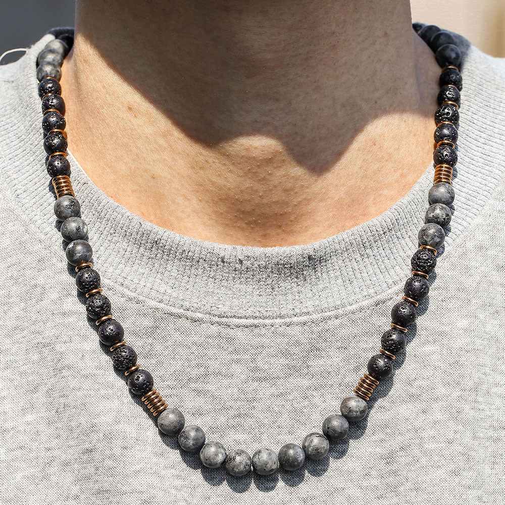 Hip-hop Handmade Geometric Round Volcanic Stone Flash Stone Hematite Beaded Necklace for Unisex with Cable Chain