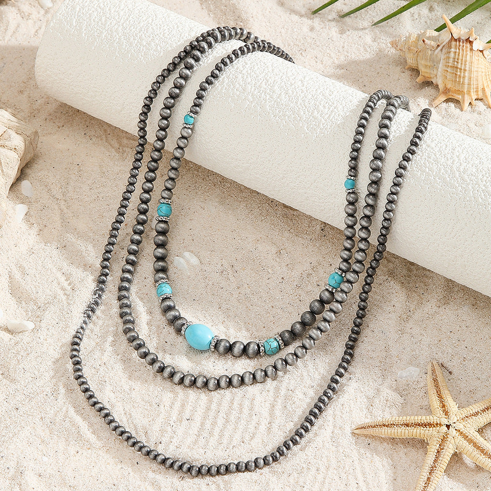 Bohemian Ethnic Handmade Turquoise Geometric Round Beaded Necklace for Unisex