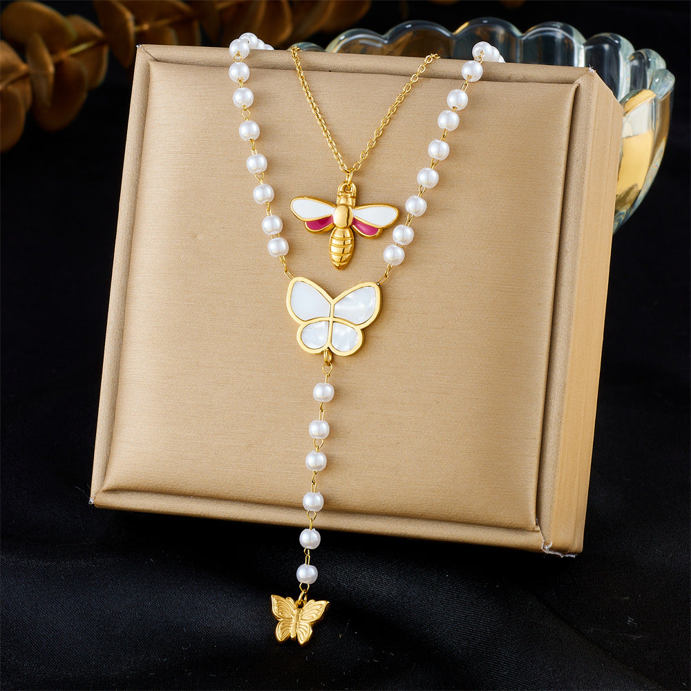Vintage Fashion Stainless Steel Butterfly and Bee Enamel Pendant Necklace with O-Chain for Women