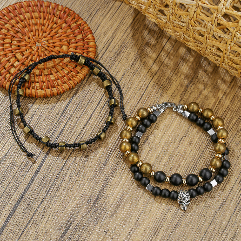 Vintage Punk Geometric Round Matte Wood Beaded Bracelet for Men