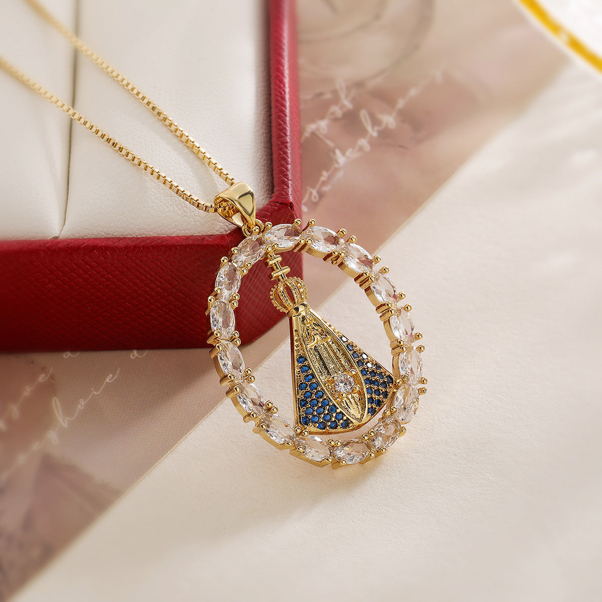 Minimalist Irregular Geometric Virgin Mary Pendant Necklace in Copper with 18K Gold Plating and Zircon Accents for Women