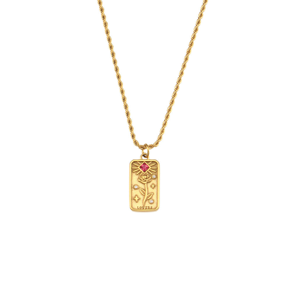 Collar con colgante de tarot de octagrama geométrico con incrustaciones de diamantes de imitación y cadena de acero inoxidable pulido para mujer