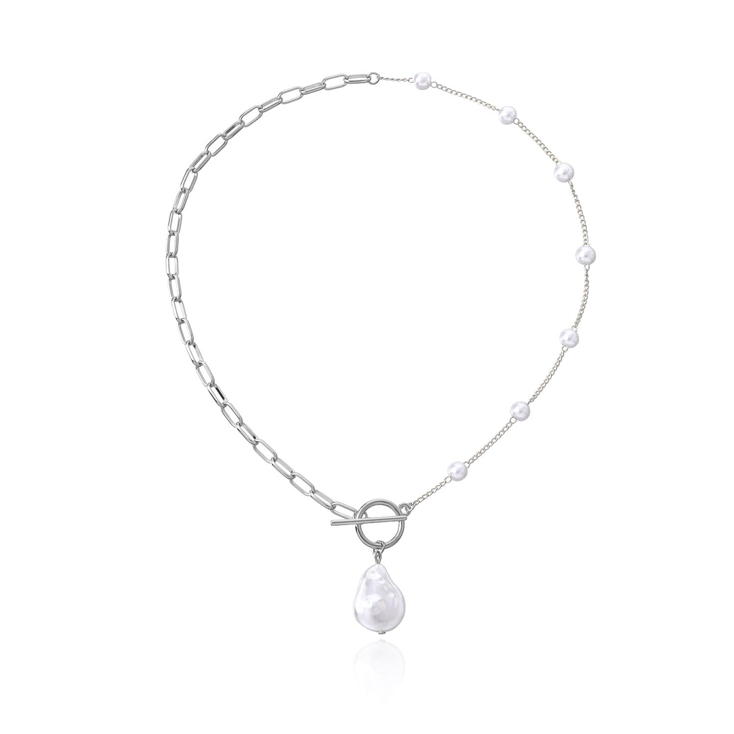 Gourd-Shaped Flat Pearl Pendant Necklace with Asymmetrical Design Alloy Link Chain for Women