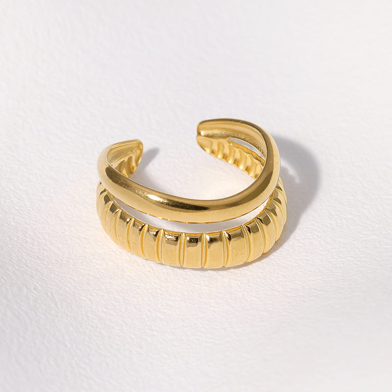Vintage French Geometric Double Row Open Ring 18K Gold Plated Stainless Steel Fashion Jewelry for Women