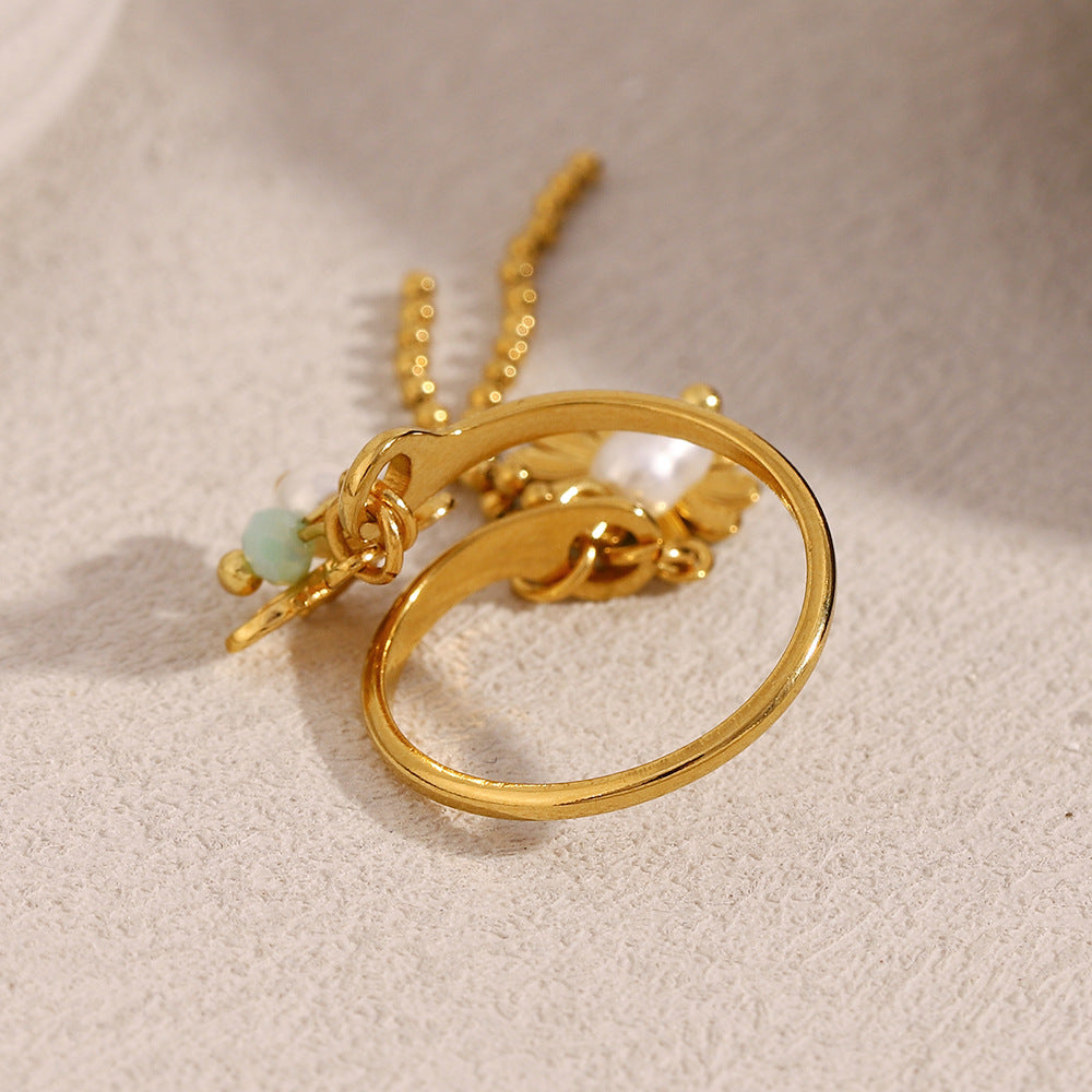 Vintage French-Style Floral Stainless Steel Ring with 18K Gold Plating and Tassel Detail for Women