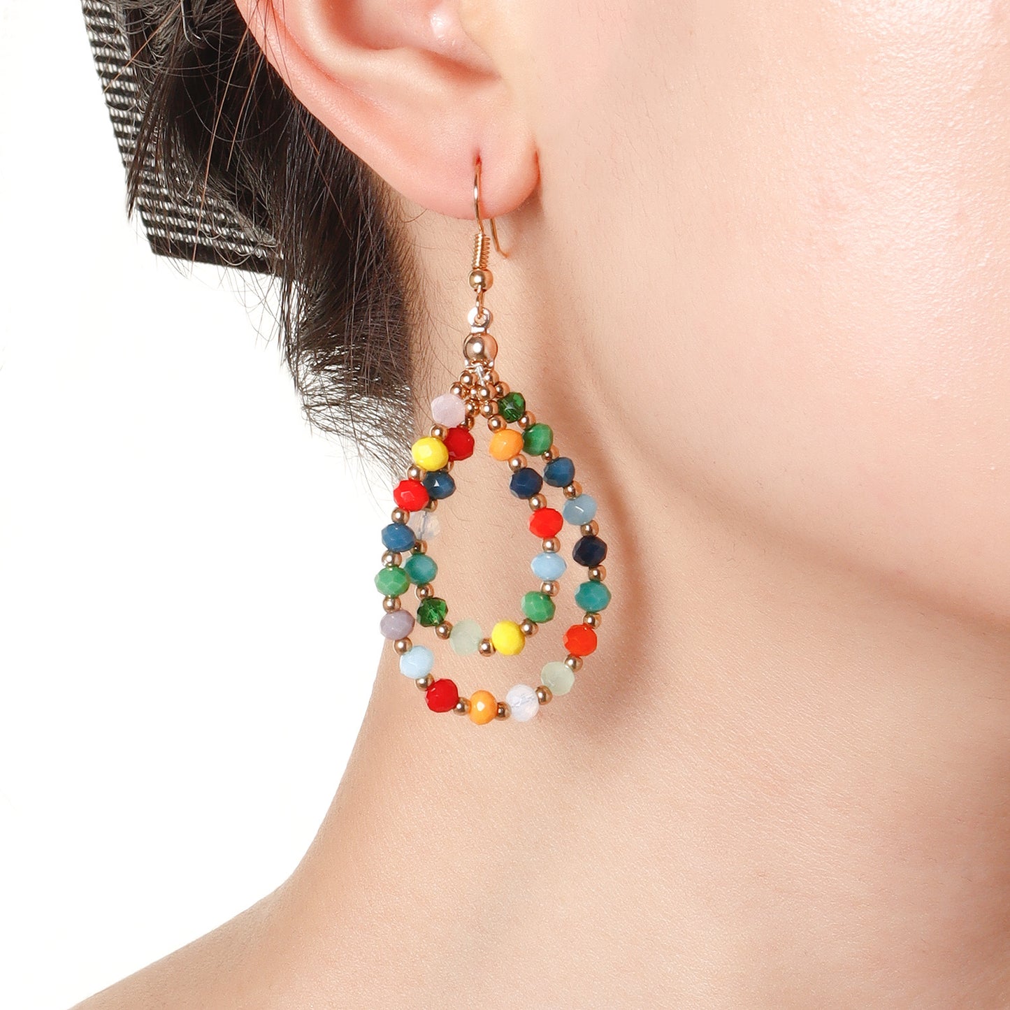Orecchini a cerchio doppio in cristallo e vetro colorato stile geometrico, fatti a mano con perline, gioielli dolci ed eleganti da donna