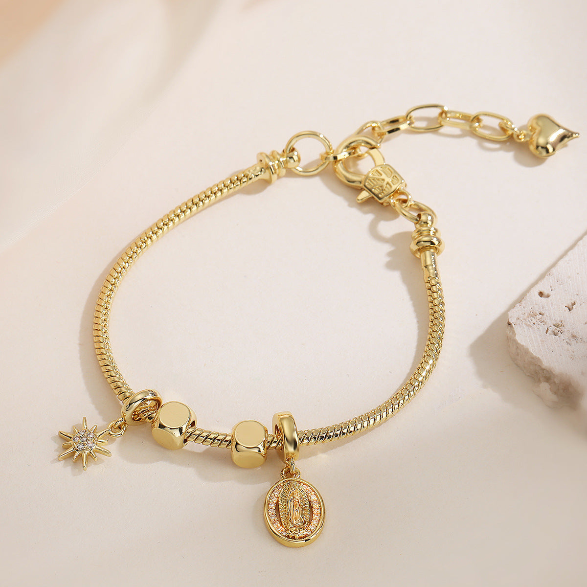 Geometric Fashion-Commuter Copper Bracelet with 18K Gold Plating and Zircon Inlay for Women