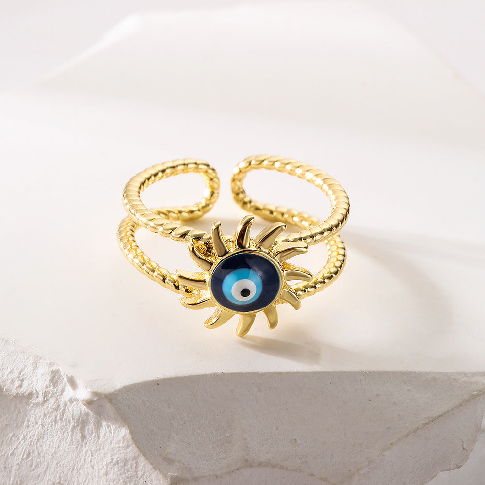 Geometric Open Ring for Women with Copper Base Plated in Real Gold and Enamel Evil Eye Design