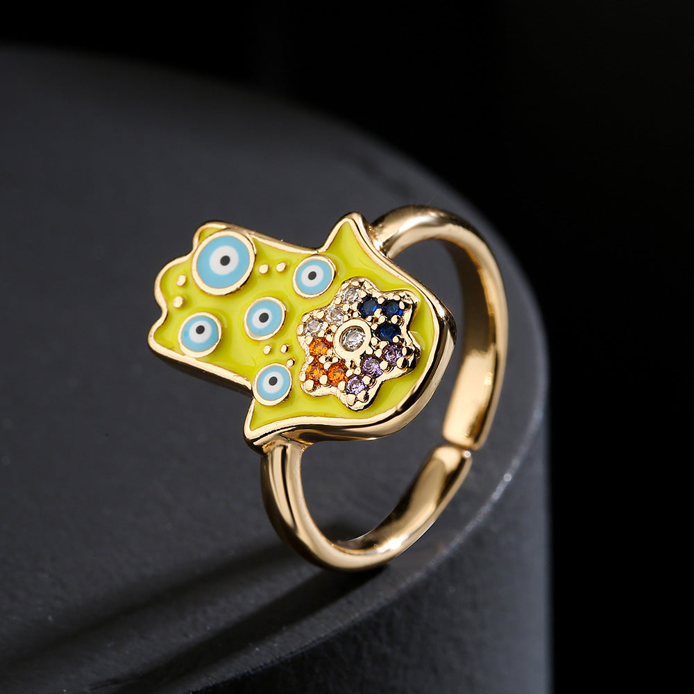 Ins Style Geometric Shaped Copper Ring with Gold Plating and Enamel Evil Eye and Hamsa Hand Design