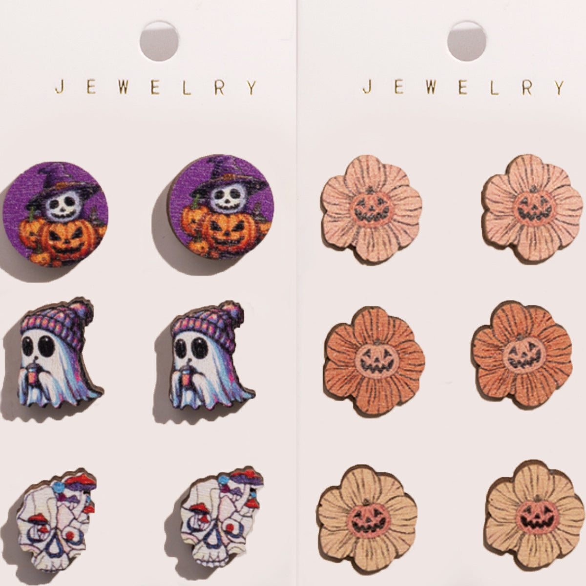 Conjunto de pendientes de madera con forma de calabaza fantasma y diablillo con temática de Halloween y postes de acero inoxidable