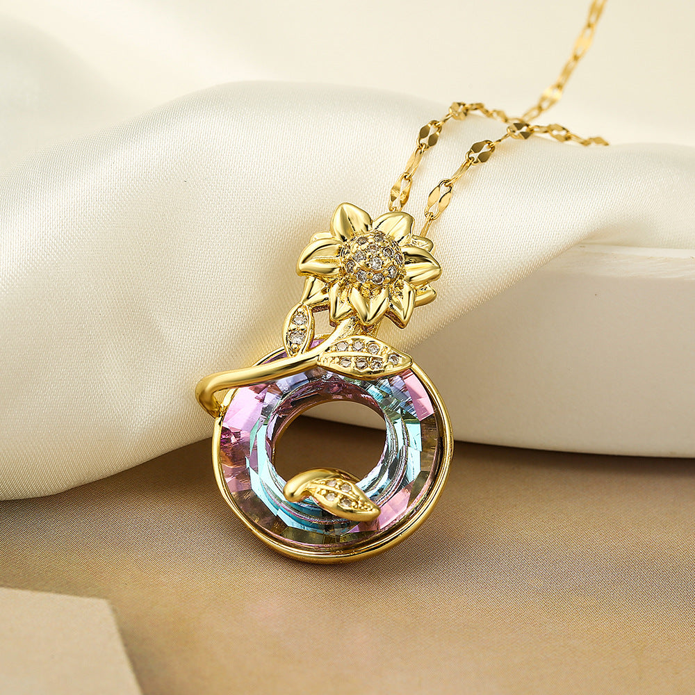 Minimalist Geometric Sunflower Pendant Necklace for Women in Copper with Cubic Zirconia Accents