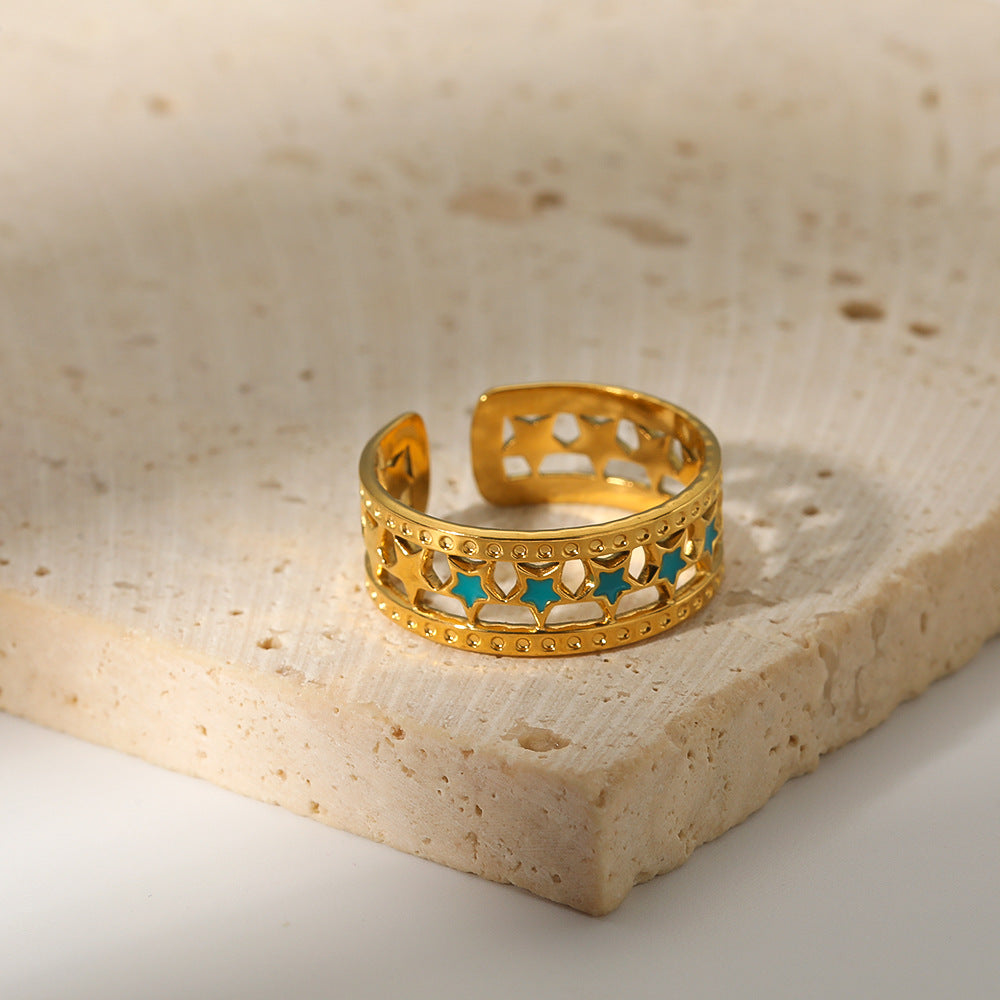 INS Style Geometric Star-Shaped Enamel and 18K Gold-Plated Stainless Steel Women's Adjustable Ring