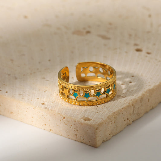 INS Style Geometric Star-Shaped Enamel and 18K Gold-Plated Stainless Steel Women's Adjustable Ring