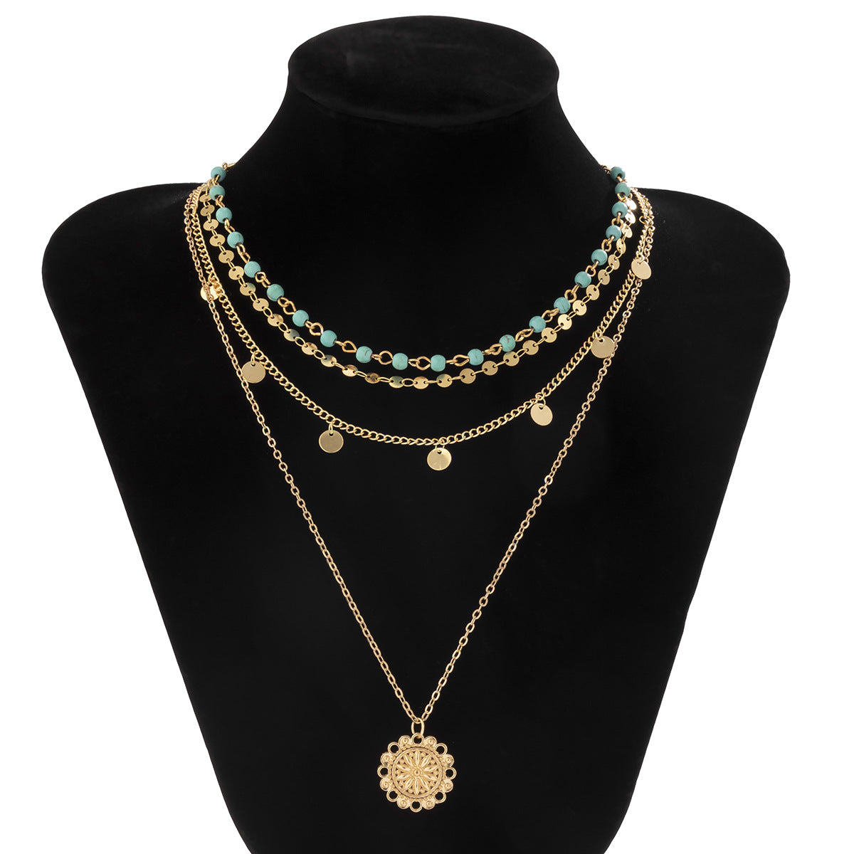 Collana Pendente Multistrato da Donna Fatta a Mano in Metallo Misto Stile Turchese Geometrico Minimalista con Frange e Catena Snake