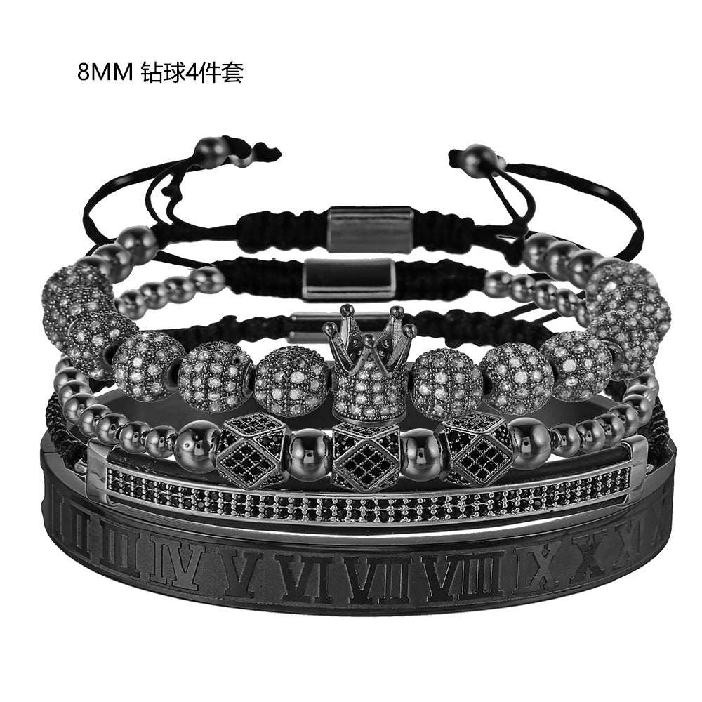 Vintage Punk Geometric Crown Brass Micro-inlay Cubic Zirconia Stainless Steel Braided Bracelet Set for Unisex