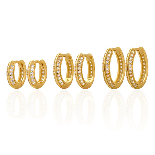 Elegant 925 Sterling Silver Geometric Round Inlaid Diamond Hoop Earrings for Women