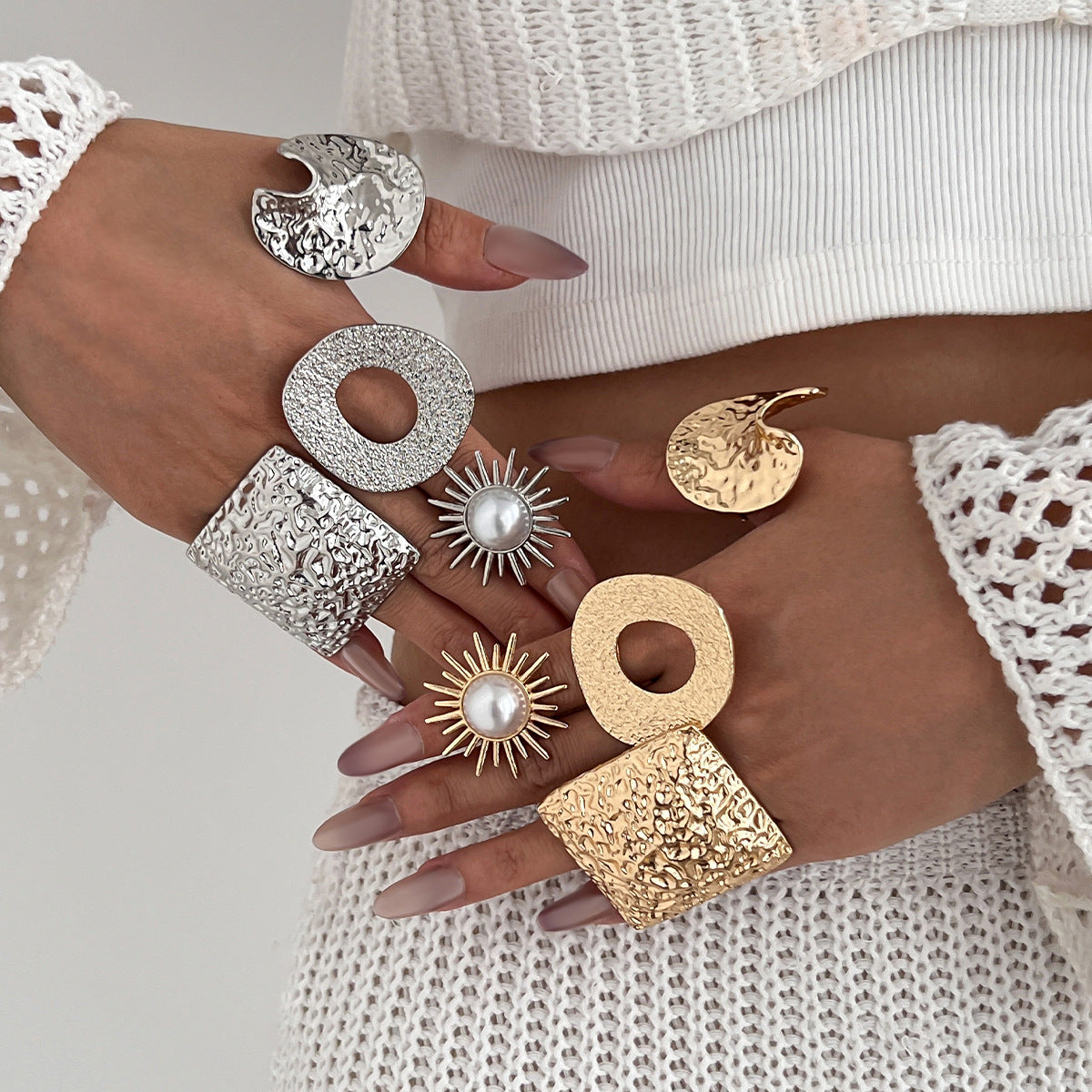 Stackable Geometric Square Floral Alloy Plated Ring Set for Women