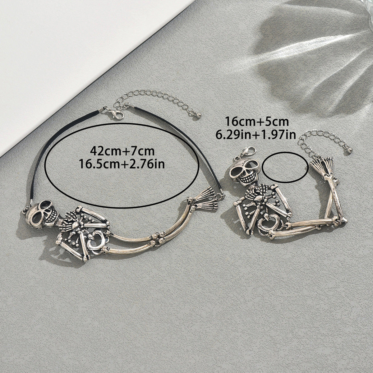 Set Collana e Bracciale con Ciondolo a Scheletro di Moda in Lega di Zinco con Finitura Elettroplaccata per Halloween e Uso Quotidiano