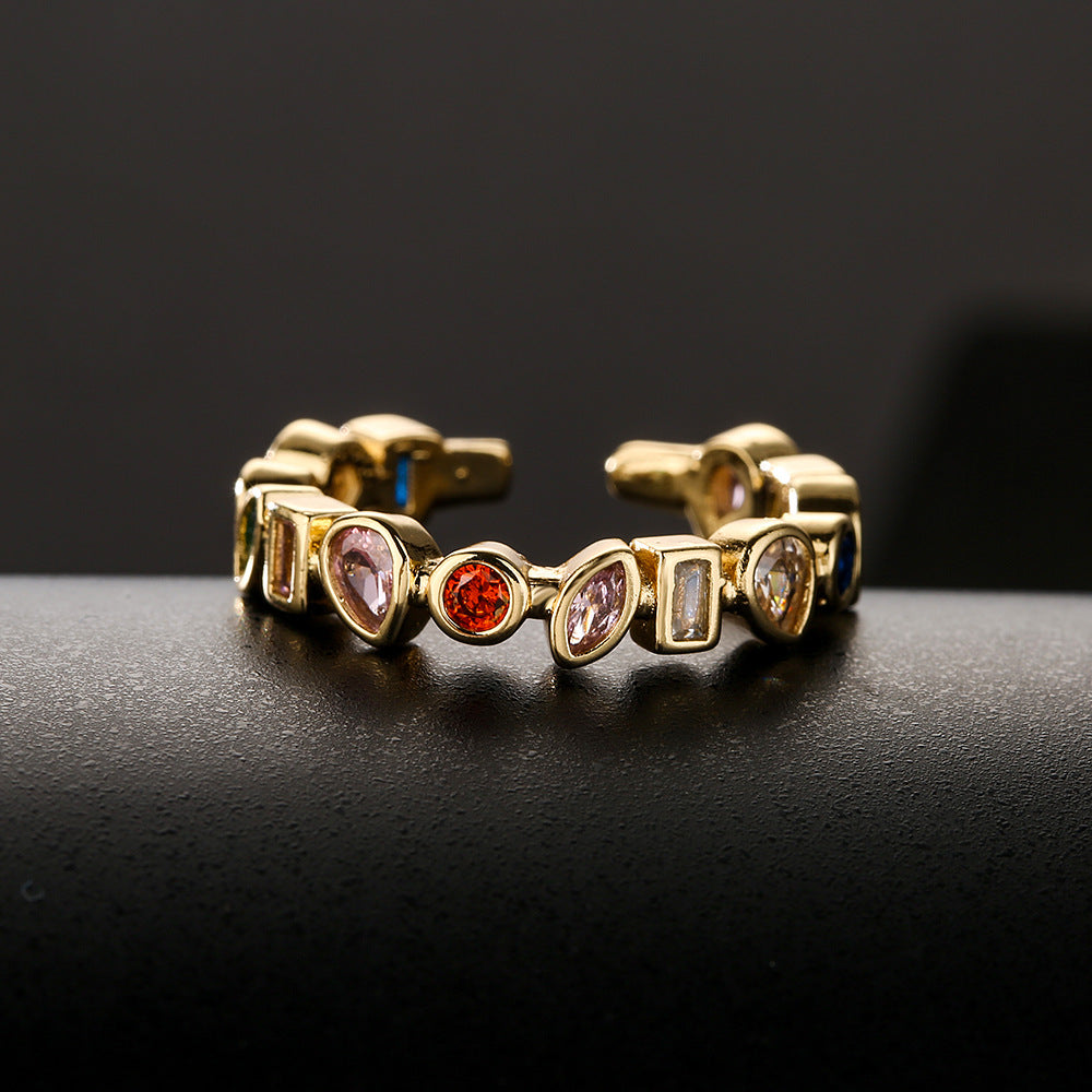 Minimalist Irregular Geometric Open Ring for Women in Copper with 18K Gold Plating and Zircon Inlay