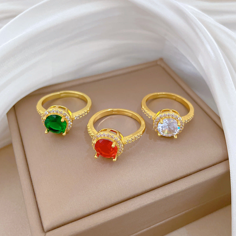 Minimalist Sweet Micro-Inlaid Cubic Zirconia Crown Brass Adjustable Ring for Women