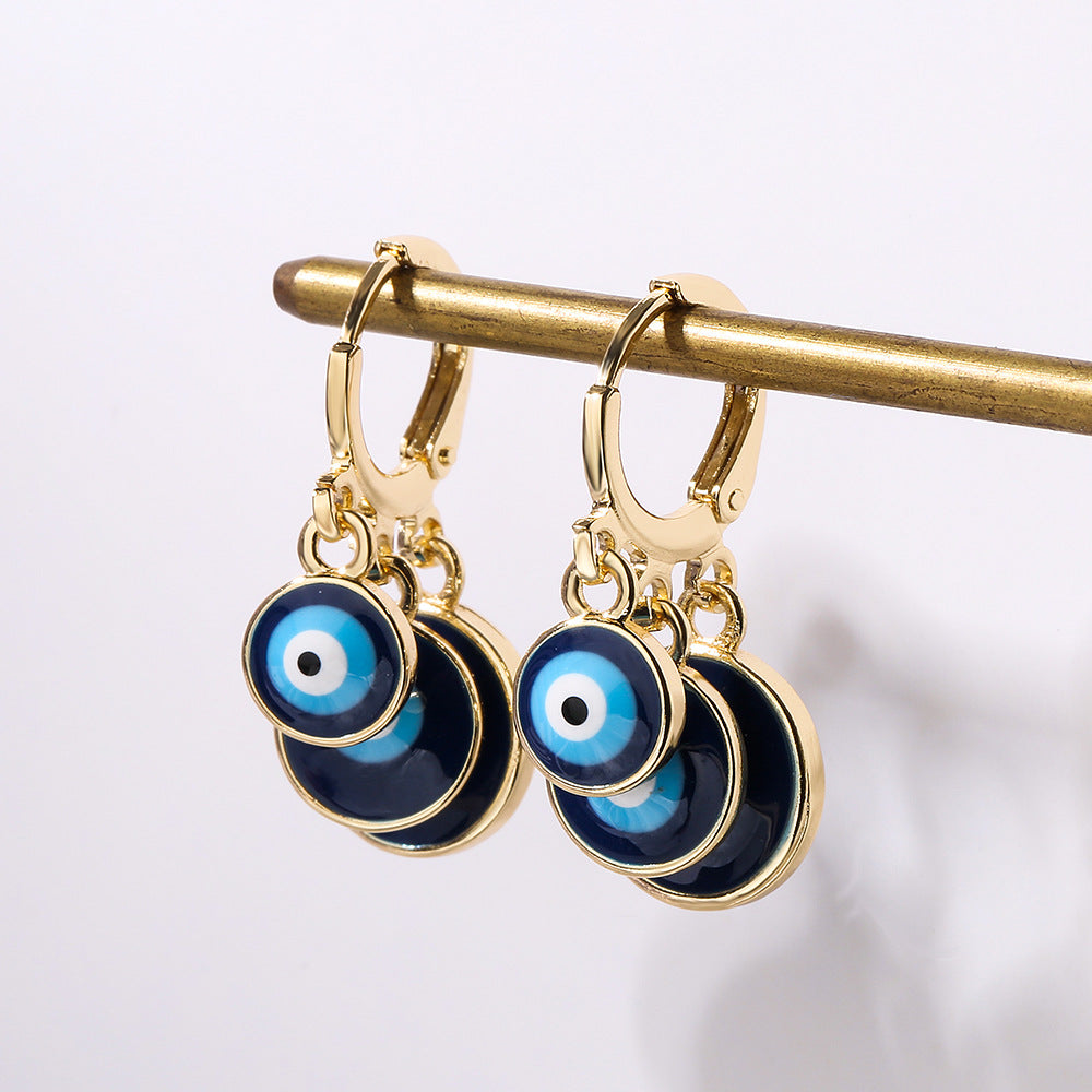 Minimalist Geometric Evil Eye Earrings for Women in Brass with Gold Plating and Enamel Finish