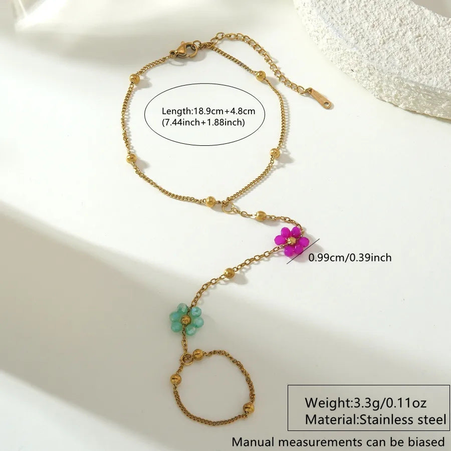 Elegante bracciale con anello a catena floreale geometrico minimalista in acciaio inossidabile placcato per donne