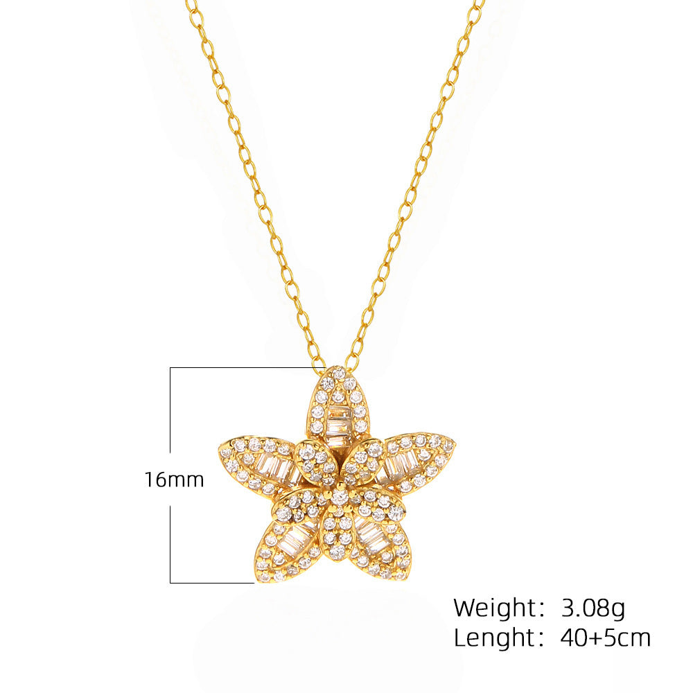 Luxury 925 Sterling Silver Paved Cubic Zirconia Star Pendant Necklace with Cable Chain for Women