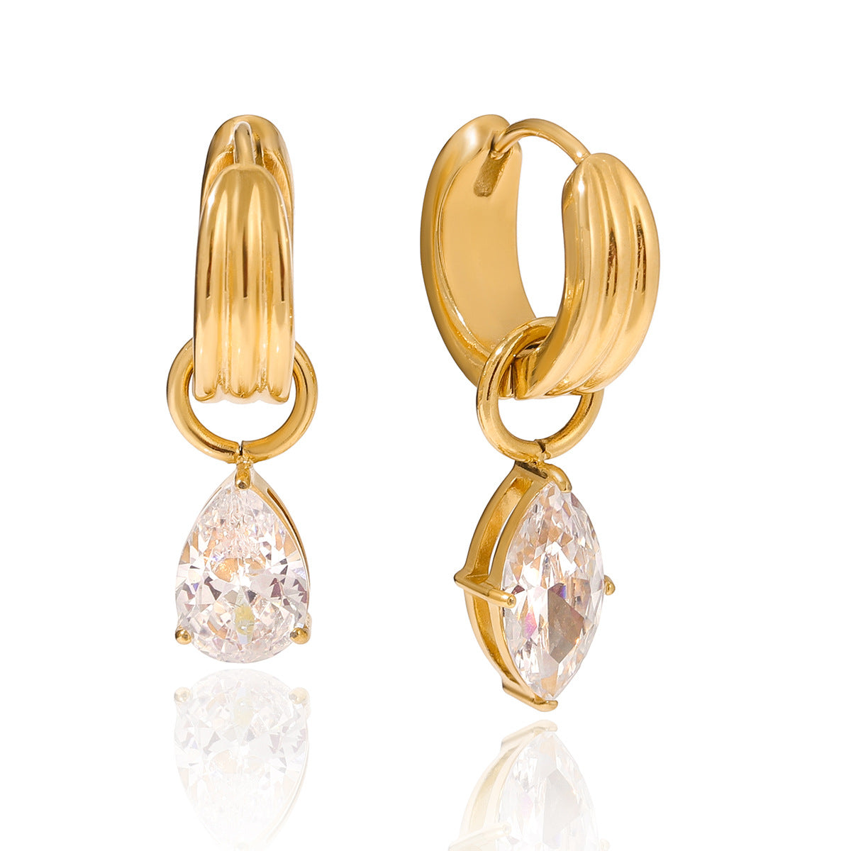 Orecchini a clip in acciaio inossidabile geometrici con gocce di zirconia per donna, orecchini elettroplaccati in stile lusso