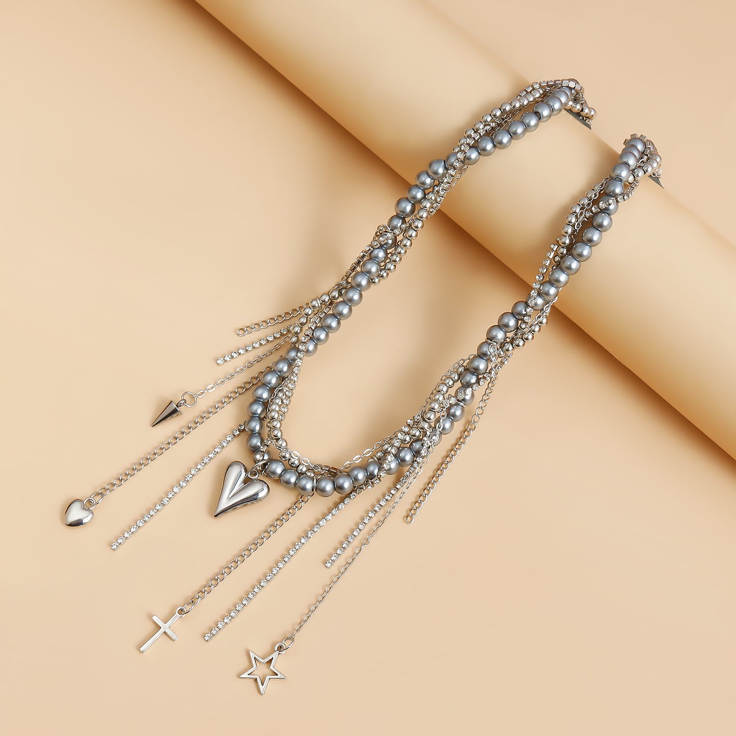 Sweet and Edgy Heart-Shaped Alloy Pendant Necklace with Crystal Fringe and Cross Charm, Y2K-Inspired Layered Clavicle Chain