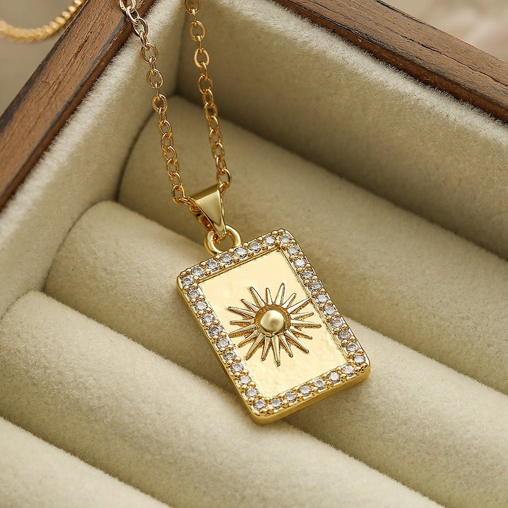 Geometric Sun Star Moon Square Pendant Necklace in Copper with 18K Gold Plating and Zircon Inlay for Women