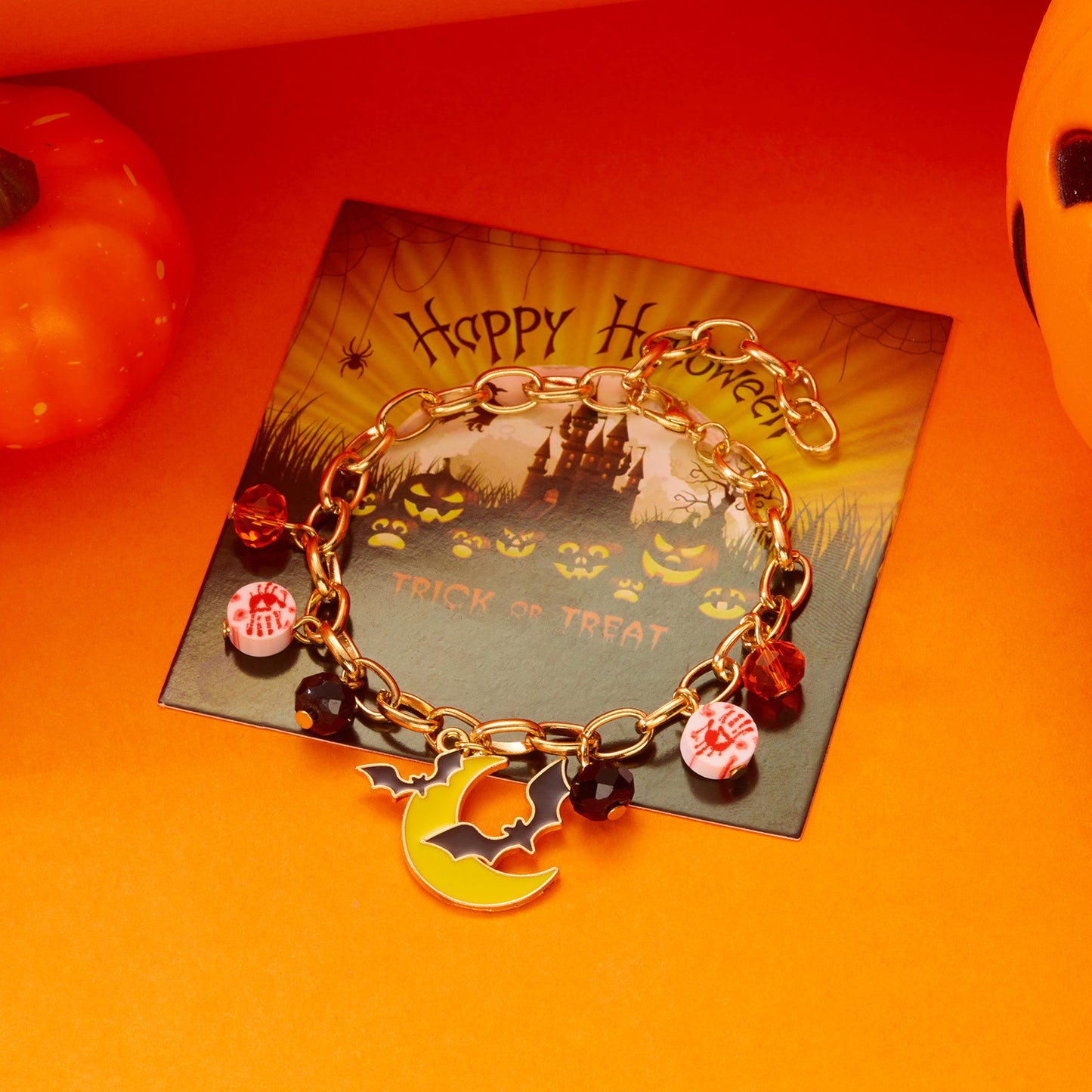 Cartoon-Style Halloween Ghost Pumpkin Bat Multi-Pendant Polymer Clay Bracelet with Plated Alloy