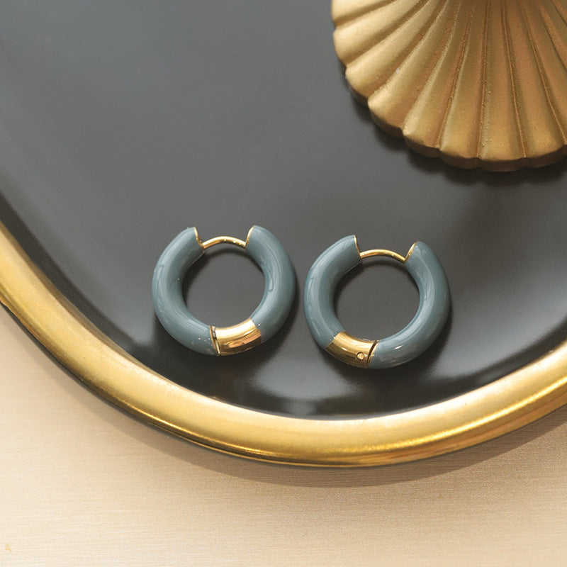 Pendientes de aro en forma de U de acero titanio esmaltado retro francés elegante para mujer en azul esmeralda y burdeos