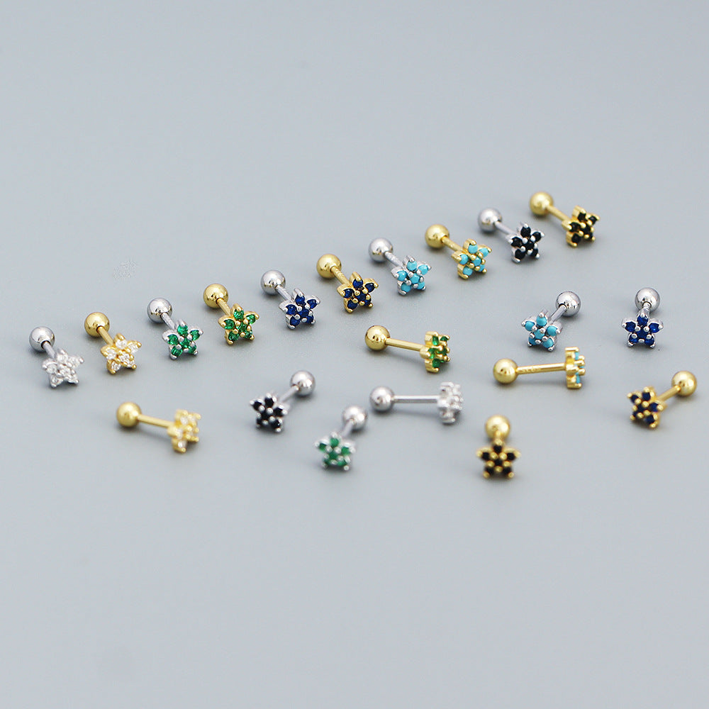 Pendientes de tuerca minimalistas de plata con diseño floral y circonita para mujer, pendientes de plata de ley 925 tipo ear cuff y piercing para cartílago