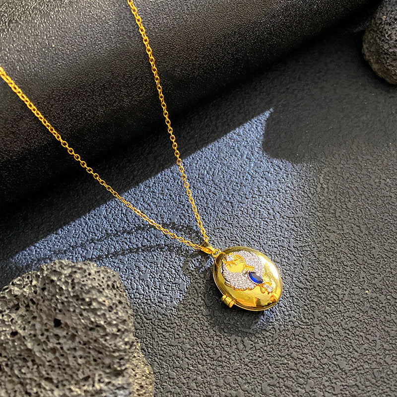 Vintage Micro-Paved Cubic Zirconia Crown Heart Star Geometric Brass Pendant Titanium Steel Box Chain Necklace for Unisex