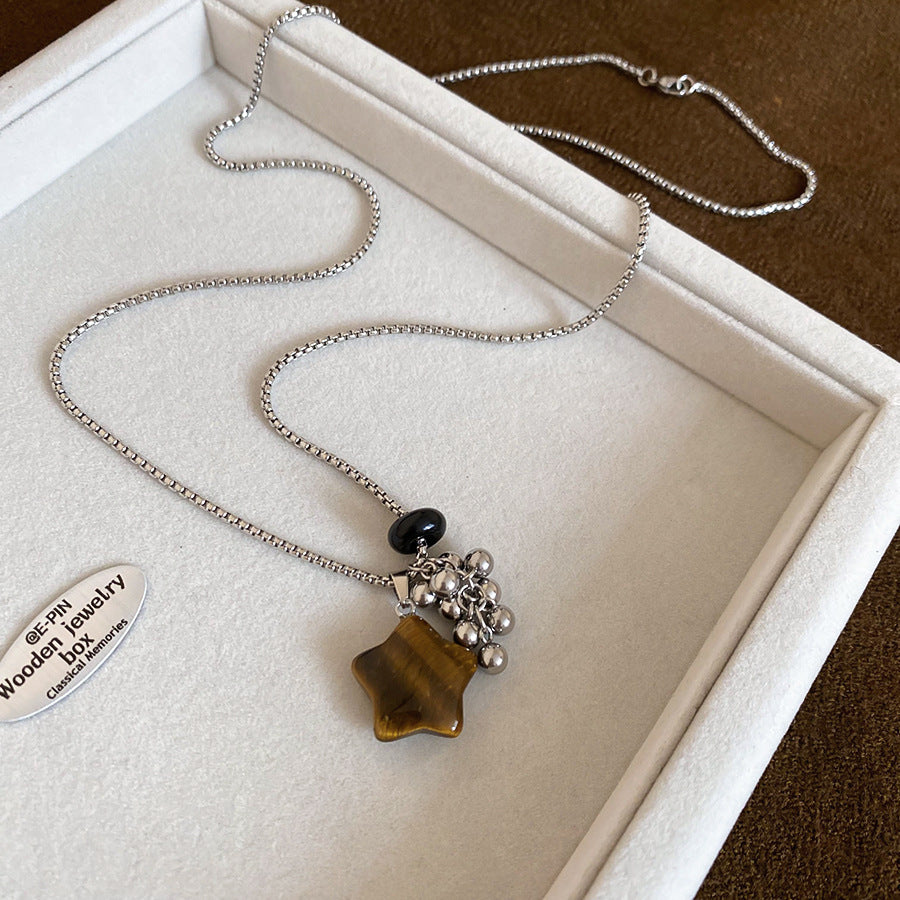 Collana con Pendente Lussuosa Occhio di Tigre Geometrica in Acciaio Inossidabile Placcato da Donna, per Abbigliamento Casual da Ufficio, Catena per Maglione