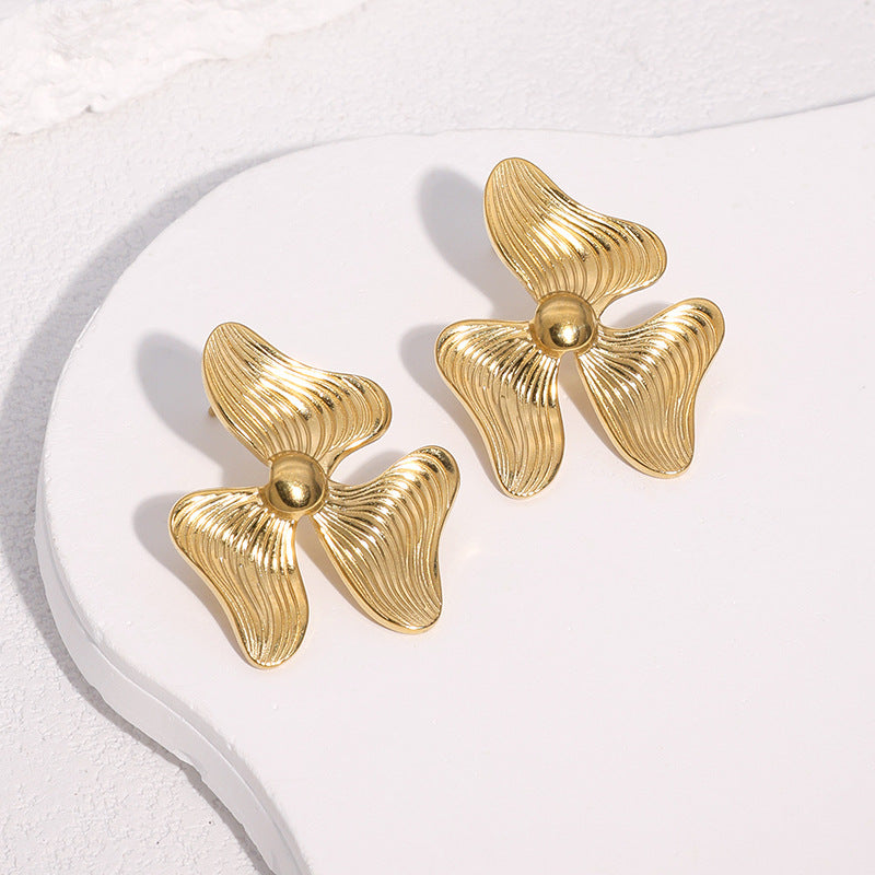 Minimalist 18K Gold Plated Stainless Steel Three-Petal Flower Stud Earrings for Women