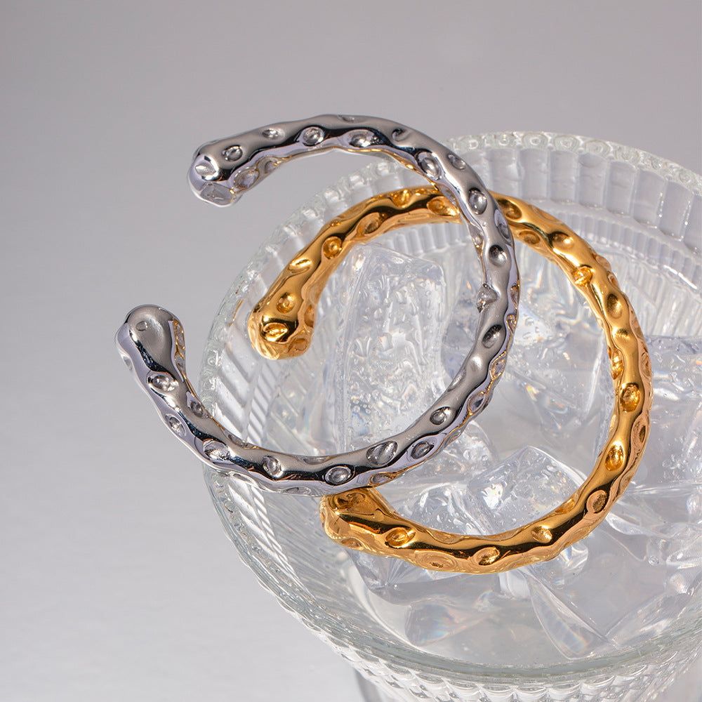 Vintage Minimalist 18K Gold Plated Hammered Stainless Steel Geometric Cuff Bracelet for Couples