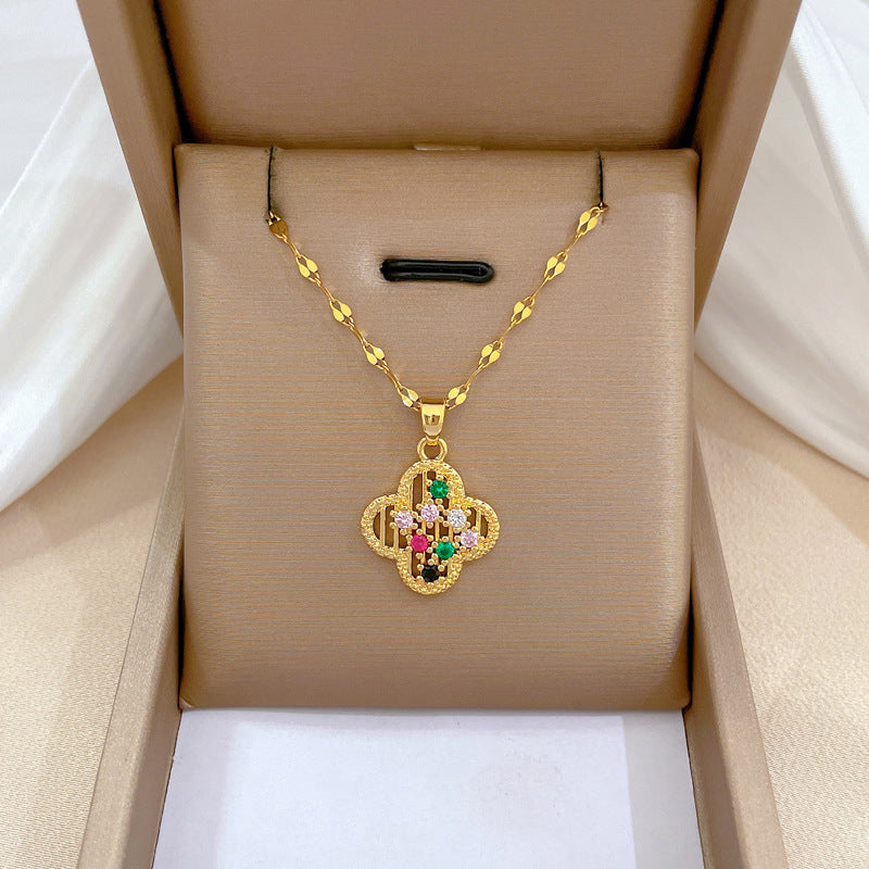 Four-Leaf Clover Rhinestone Pendant Necklace for Women Titanium Steel Irregular Chain Shell Locket Floral Style