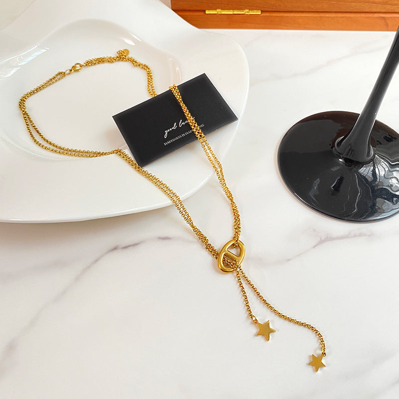 Vintage Streetwear Star Geometric Titanium Steel Plated Necklace with Tassel for Unisex