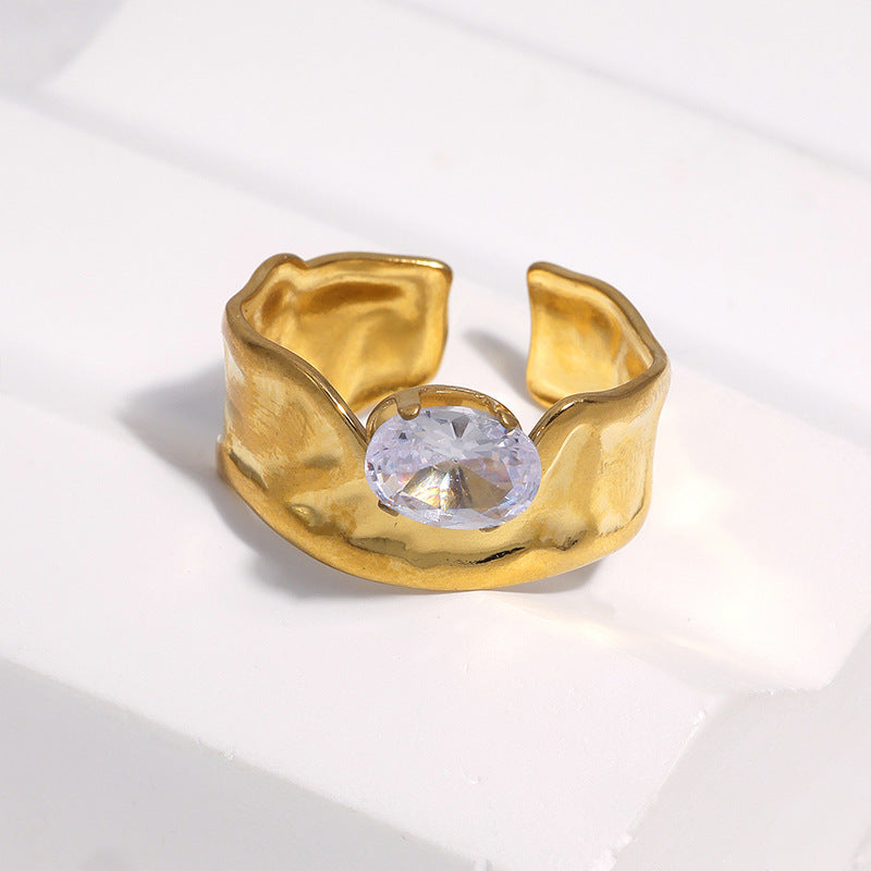 Minimalist Geometric Stainless Steel Gold Plated Ring with Cubic Zirconia for Women