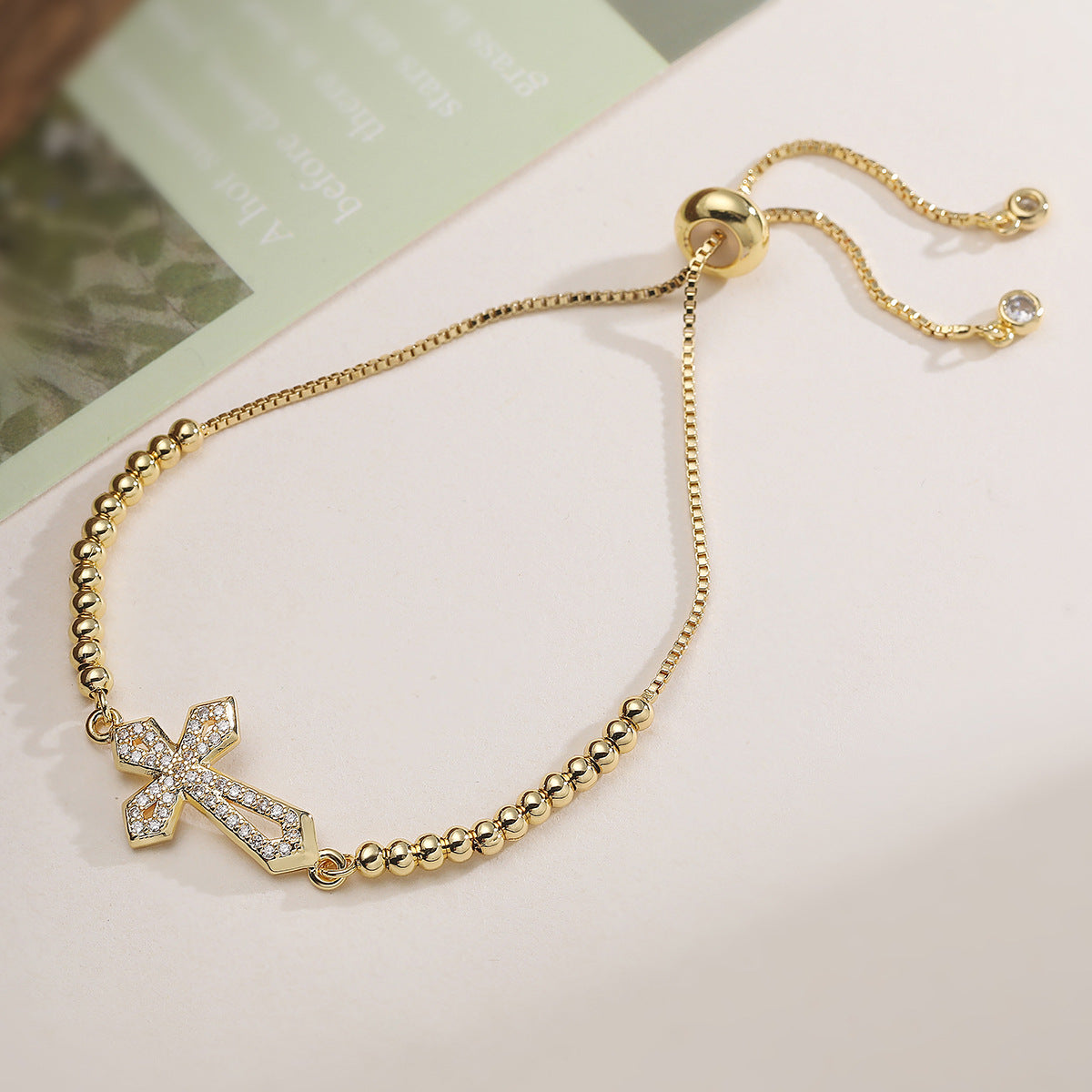 Minimalist Elegant 18K Gold Plated Brass Cross Bracelet with Cubic Zirconia Inlay for Women