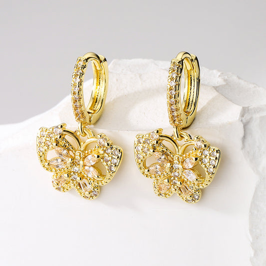 Fashionable Butterfly-Shaped Copper Earrings with 18K Gold Plating and Zircon Inlay for Women