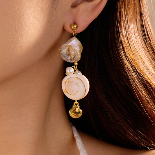 Vacation Style Shell and Pearl Dangle Earrings for Women in Stainless Steel with Plated Finish