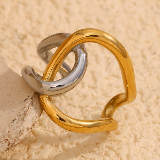 Minimalist Geometric Stainless Steel Ring with 18K Gold Plating Double-Layer Open Band