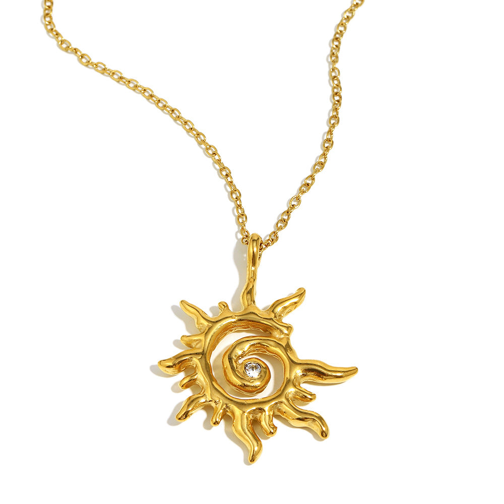 Elegante collar con colgante geométrico tipo sol para mujer en acero inoxidable con baño de oro de 18K y detalles de circonita