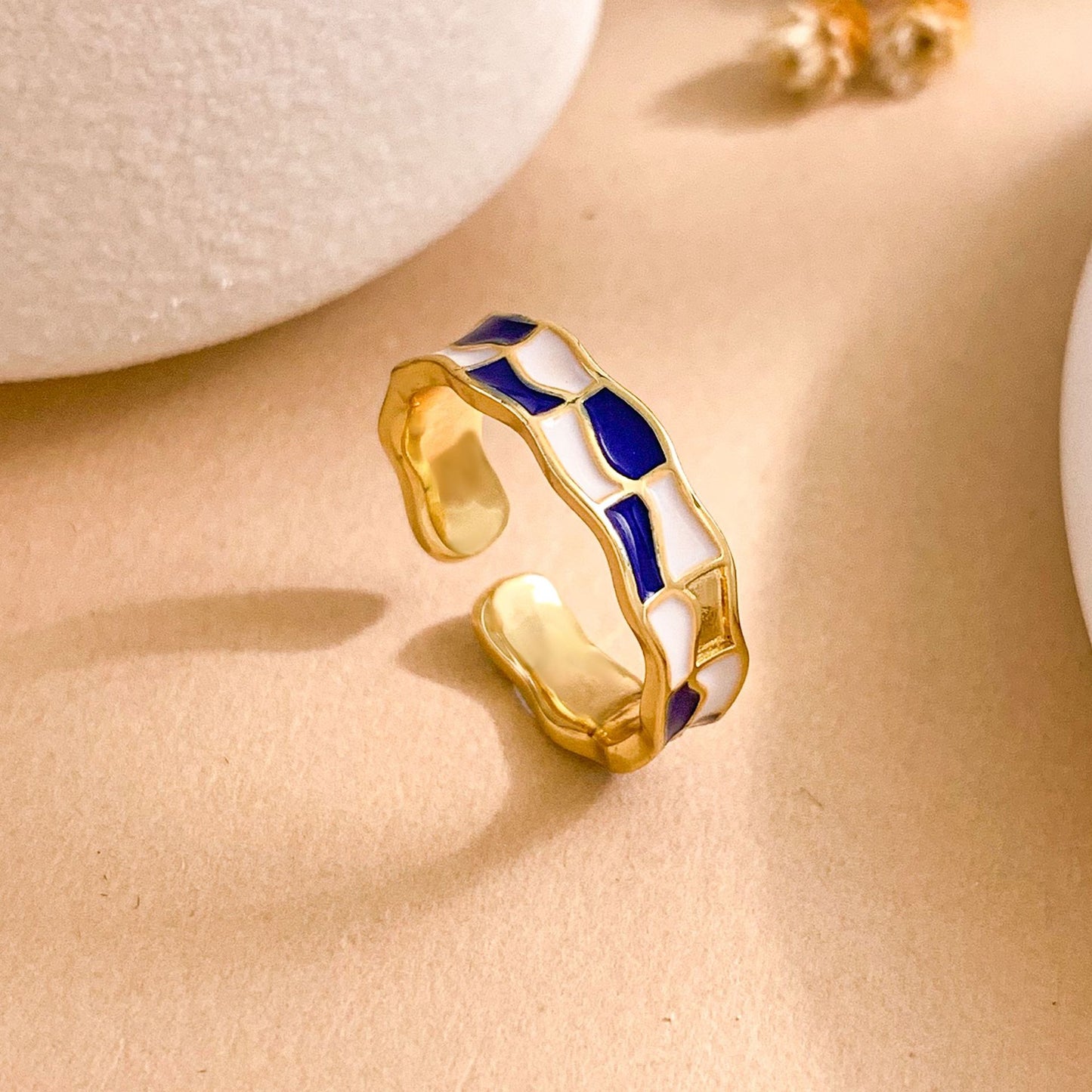 Sweet Checkered Enamel Gold Plated Brass Geometric Open Ring for Women